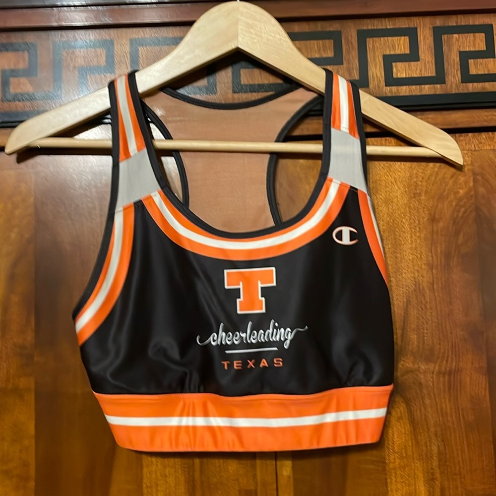 Champion Girls Cheerleading Crop Top Medium Black Orange Texas Cheer Racerback